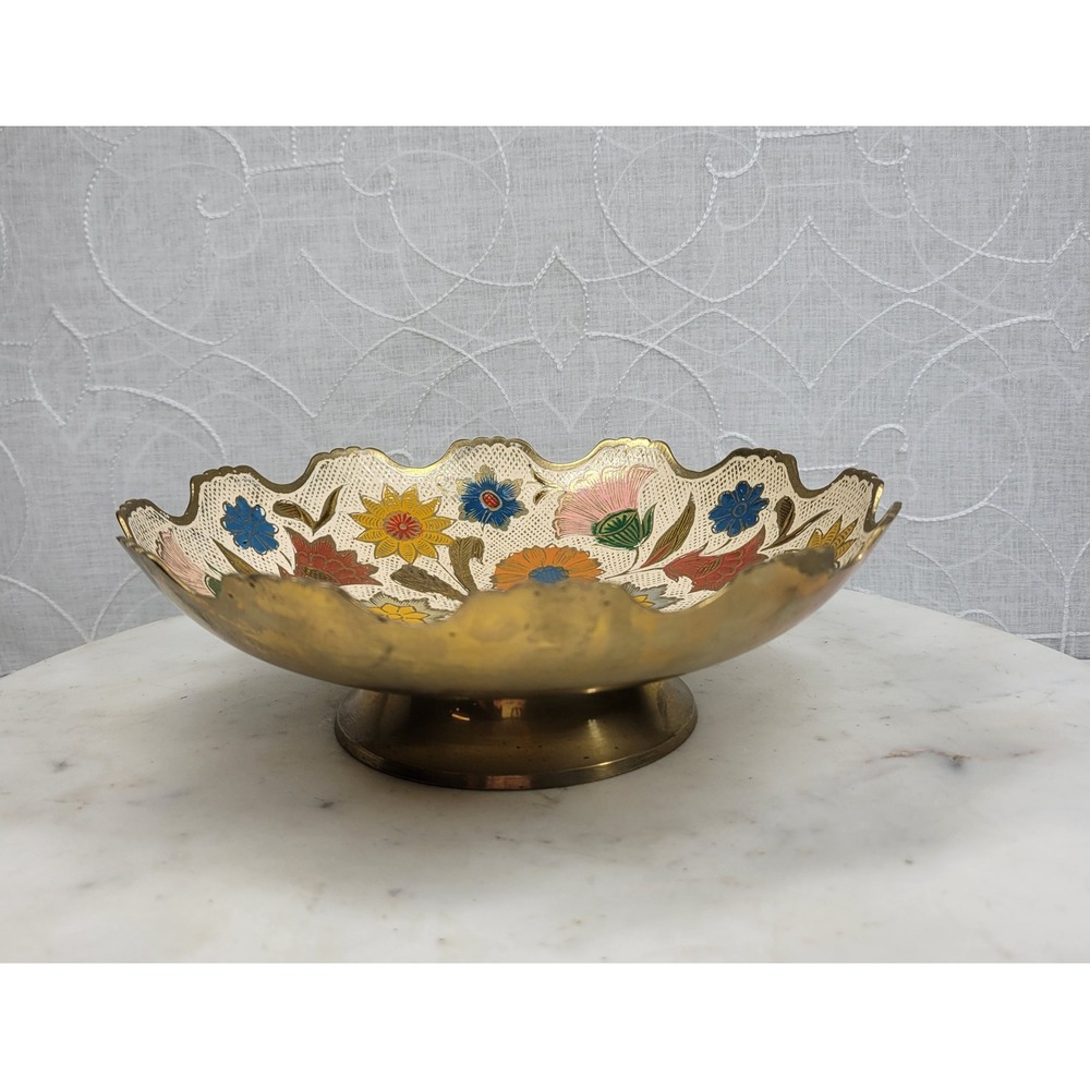 Hand Painted Brass Pedestal Bowl Trinket Floral Catch All Scalloped Rim Vintage - Picture 12 of 16